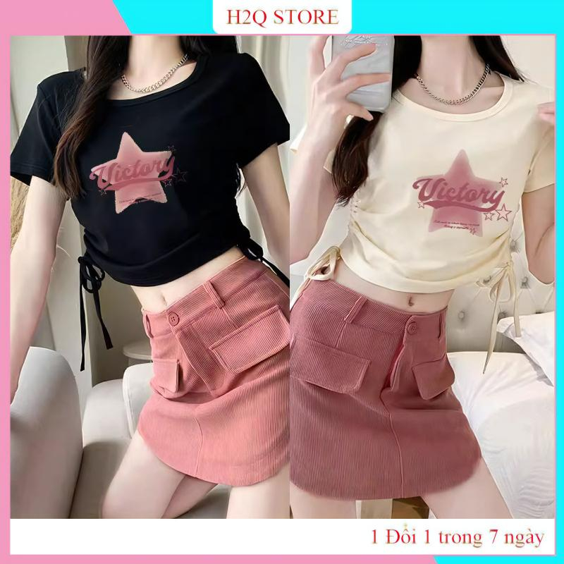 Áo croptop nữ, Áo thun tay ngắn cổ tron thiết kế dây rút 2 bên vải thun bozip co giãn in họa tiết HATCN3