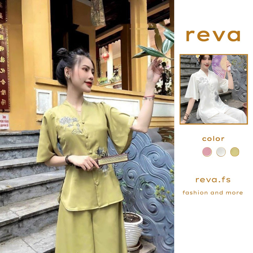 Đầm váy nữ REVA C76 Set Bộ Bà Ba Nút Bọc (Đồ Lam - Đồ Phật Tử) Thiết Kế Tay Lửng Chất Liệu Tuyết Nhung Thêu Sen Đi Chùa