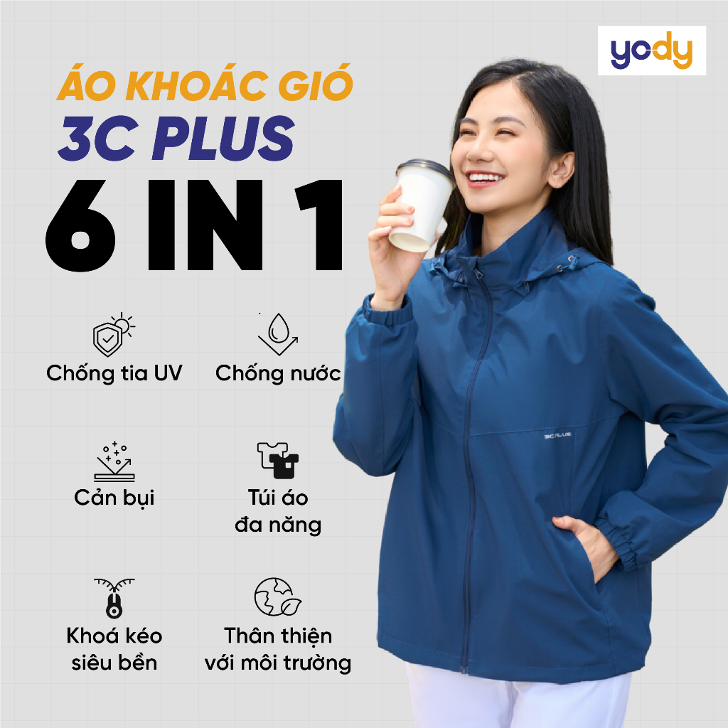 Áo gió nữ YODY 3C plus 2 lớp có mũ cản gió chắn mưa năng động ấm áp AKN5040