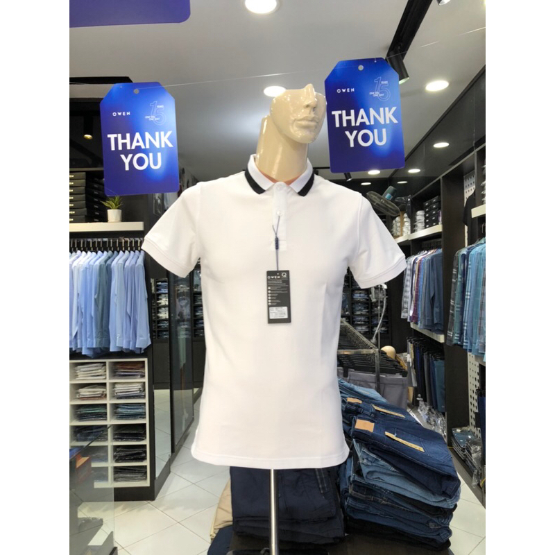 Áo polo owen màu trắng body fit vải cotton APV231369