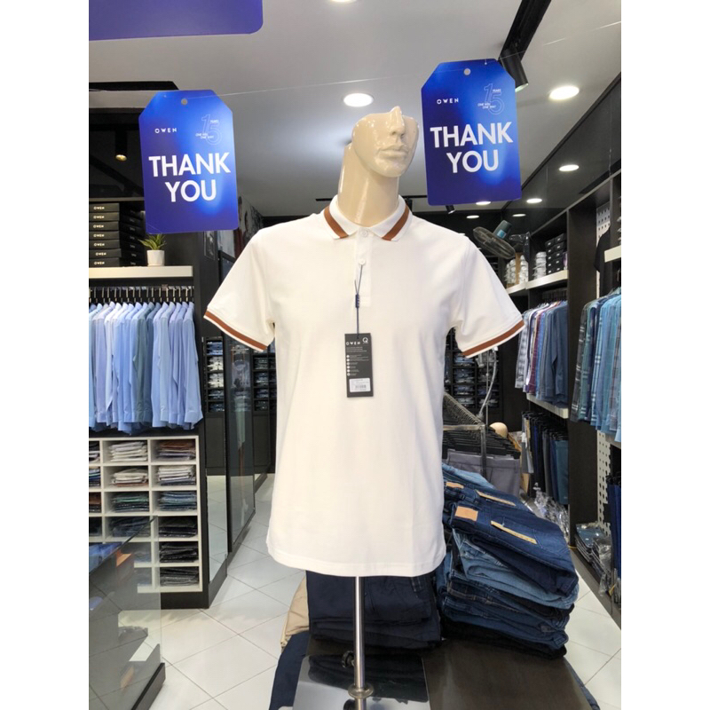 Áo polo owen màu trắng body fit vải cotton APT231389