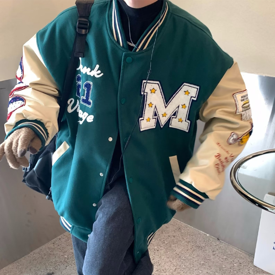 Áo khoác Varsity Dạ Phối Tay Da Cao Cấp, chất liệu nỉ cotton, thêu họa tiết phong cách unisex | BigBuy360 - bigbuy360.vn