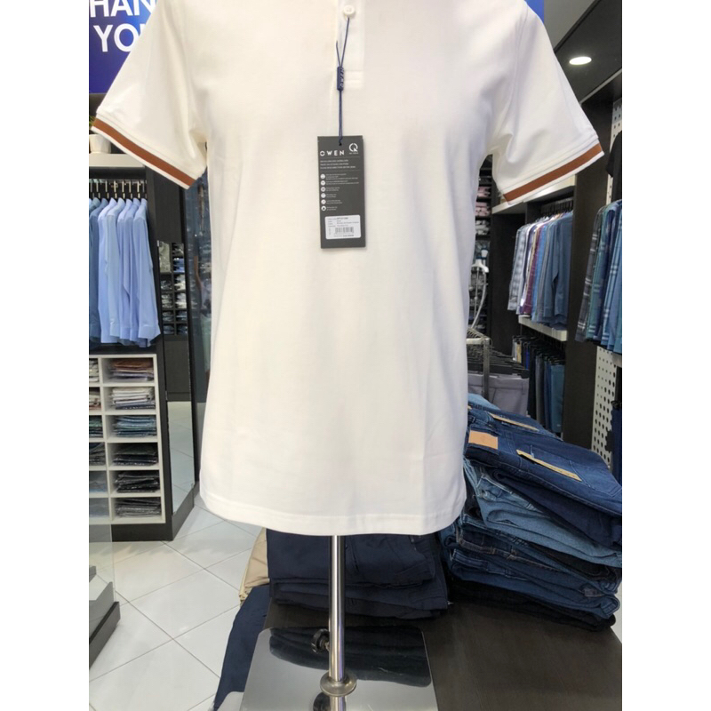 Áo polo owen màu trắng body fit vải cotton APT231389