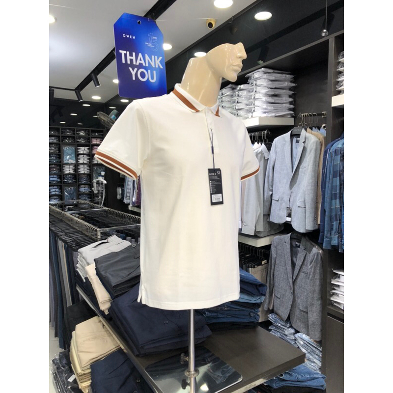 Áo polo owen màu trắng body fit vải cotton APT231389