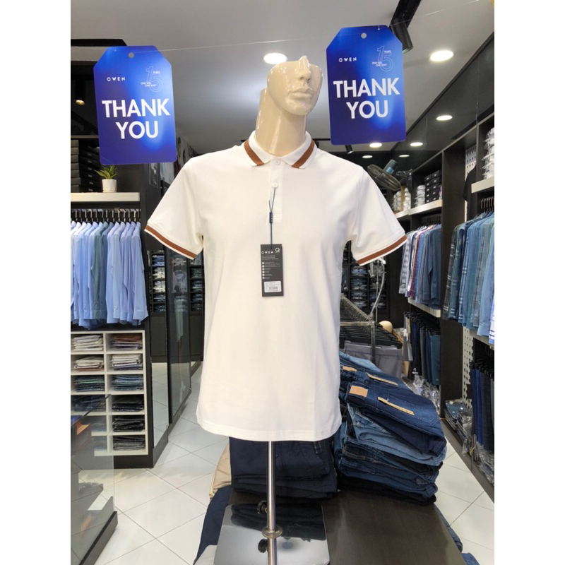 Áo polo owen màu trắng body fit vải cotton APT231389