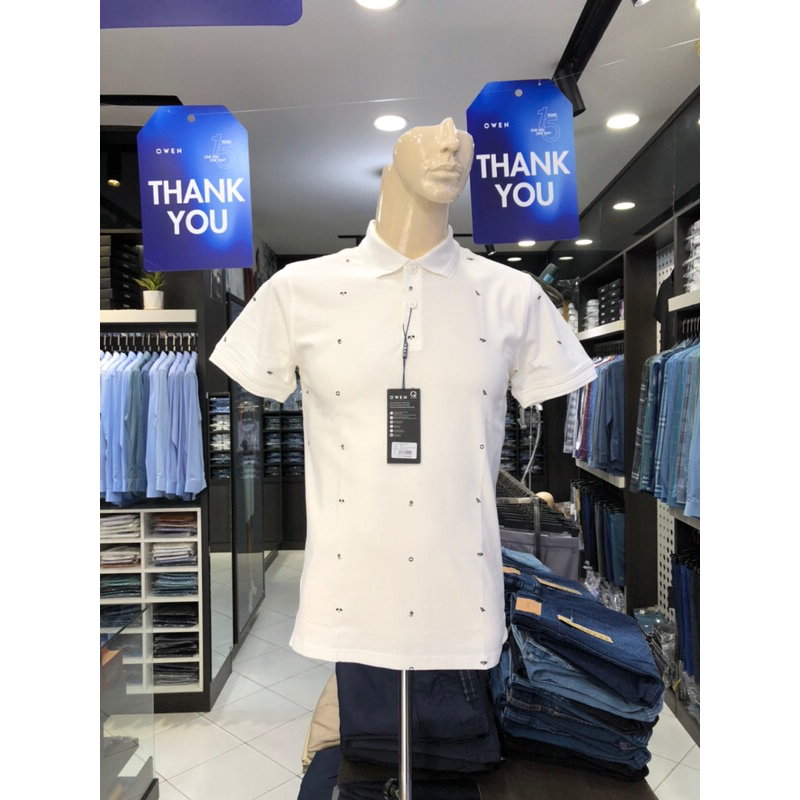 Áo polo owen màu trắng họa tiết body fit vải cotton APT231401