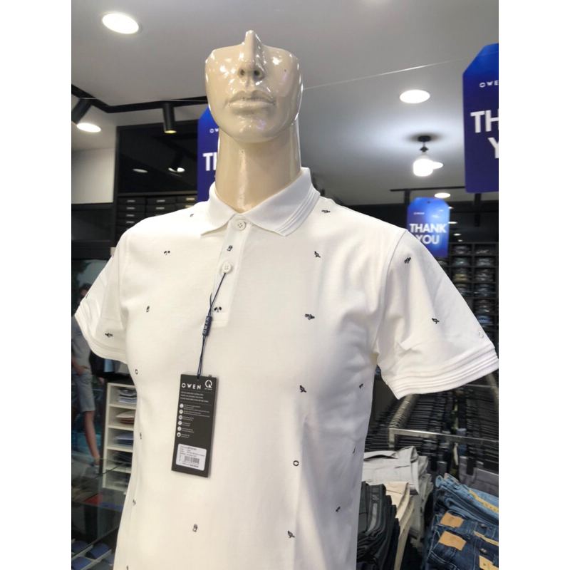 Áo polo owen màu trắng họa tiết body fit vải cotton APT231401