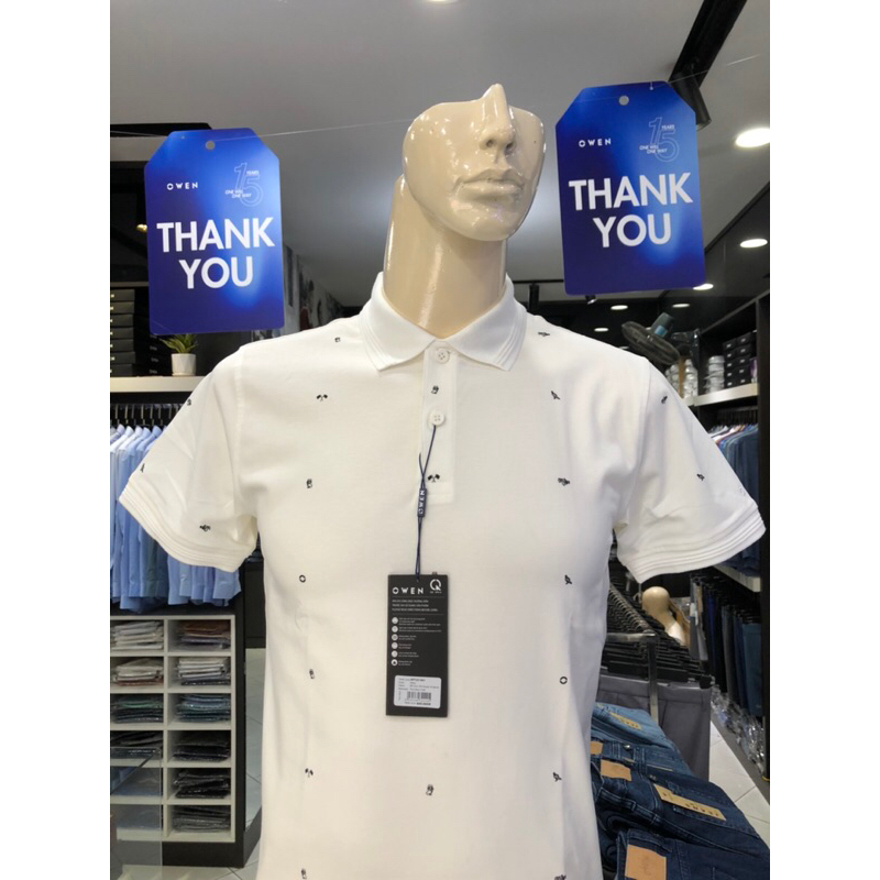 Áo polo owen màu trắng họa tiết body fit vải cotton APT231401
