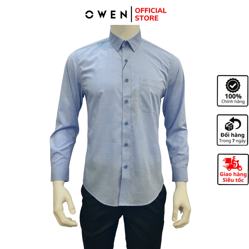 Áo sơ mi dài tay nam OWEN AR230043DT somi công sở vải sợi tre cao cấp màu kẻ xanh sáng dáng regular fit tà lượn có túi