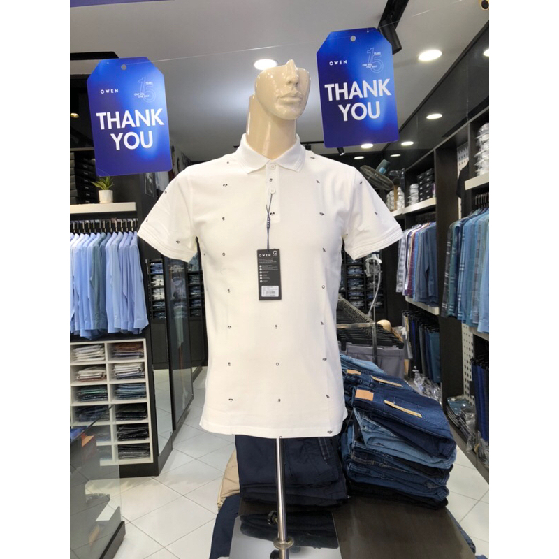 Áo polo owen màu trắng họa tiết body fit vải cotton APT231401