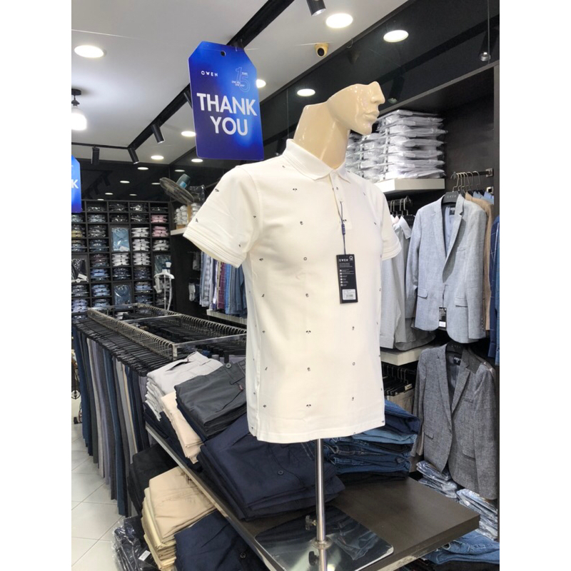 Áo polo owen màu trắng họa tiết body fit vải cotton APT231401