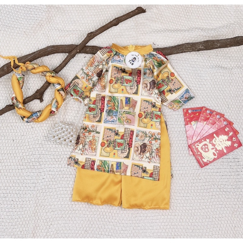 Áo dài lụa cao cấp kèm mấn cho bé gái từ 8-20kg
