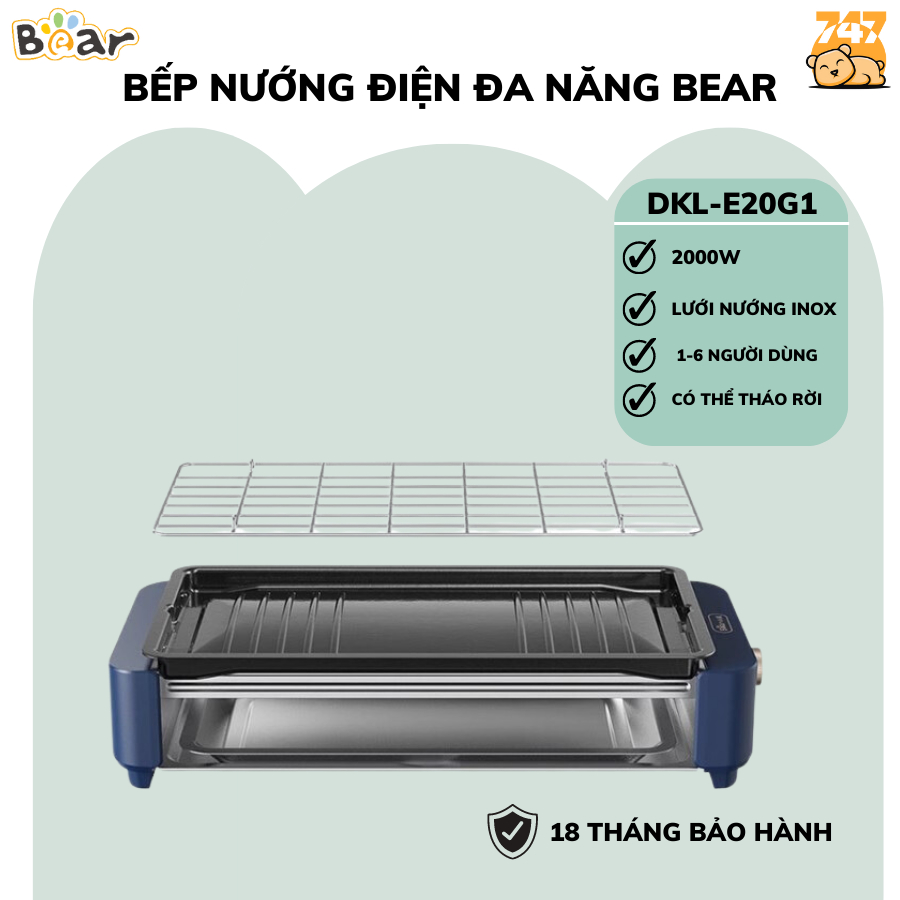 Bếp nướng điện đa năng Cao cấp BEAR DKL-E20G1, 2000W, không khói, có thể tháo dời dễ dàng vệ sinh, chính hãng, Bh 18 Th
