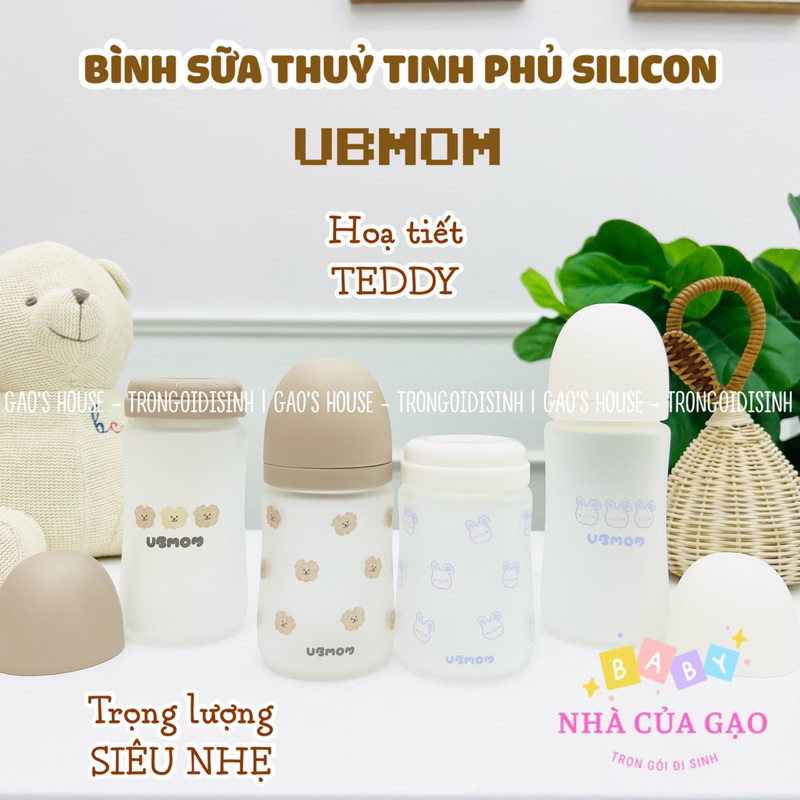 Bình sữa UBmom Thủy tinh Nâu Gấu - Tím Thỏ Hàn Quốc gắn được núm Moyuum size 180ml/ 240ml