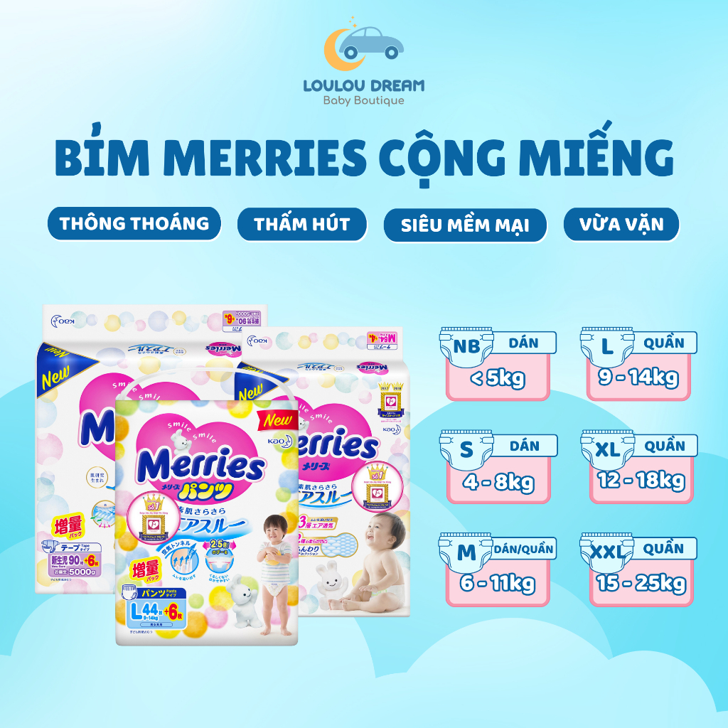 Bỉm Merries cộng miếng nội địa Nhật Bản đủ size Dán/Quần NB96/S88/M68/M64/L58/L50/XL44/XXL28