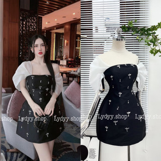 Váy đầm tafta đính đá, váy cúp ngực cổ vuông, tay bồng trễ vai phối voan,đầm 2 dây bản to cao cấp dự tiệc, đám cưới 021