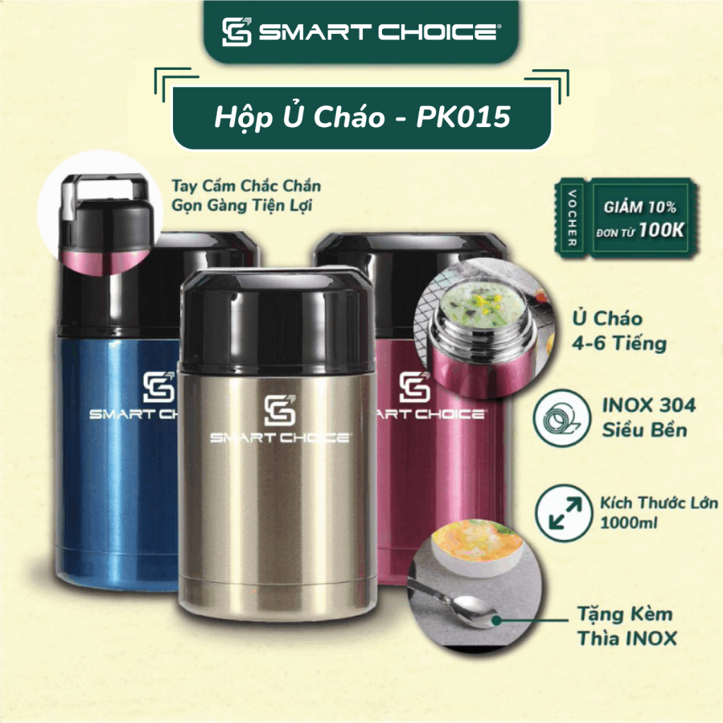 Bình Ủ Cháo Giữ Nhiệt SMARTCHOICE 1000ml Cao Cấp Bền Đẹp An Toàn Sức Khoẻ SCG-PK015