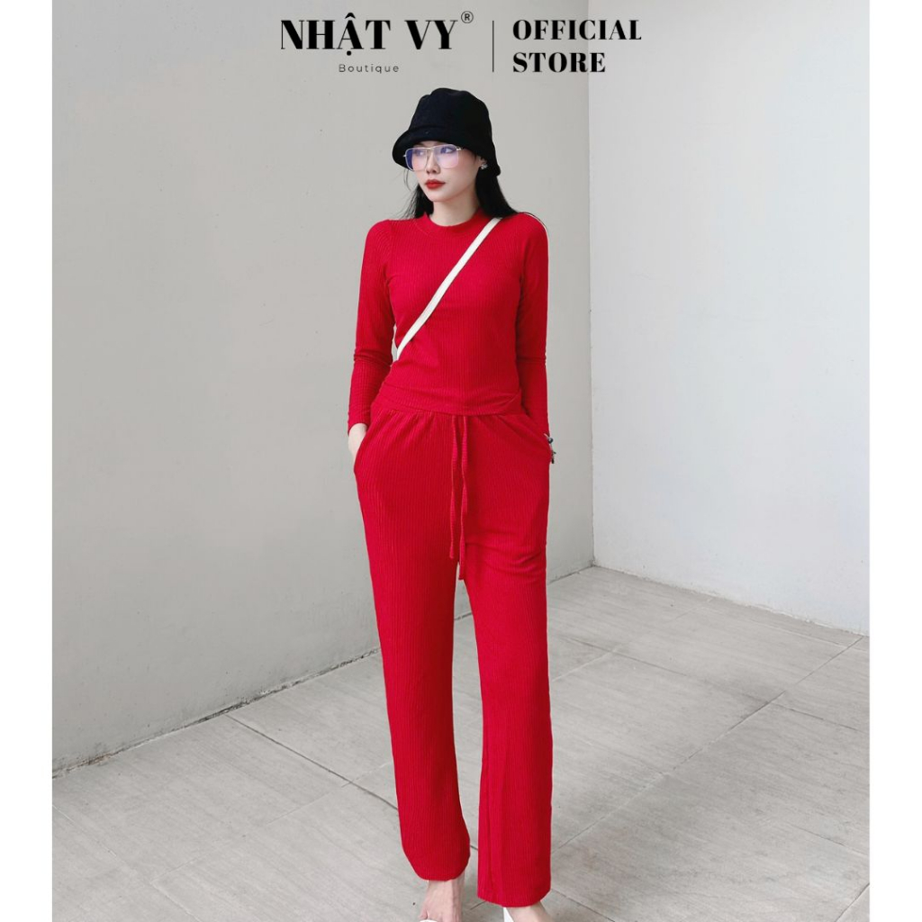 Set bộ nữ Nhật Vy cổ tròn tay dài quần lưng thun có túi cột nơ dáng suông chất vải thun sọc màu xanh, nâu, đỏ - D2639