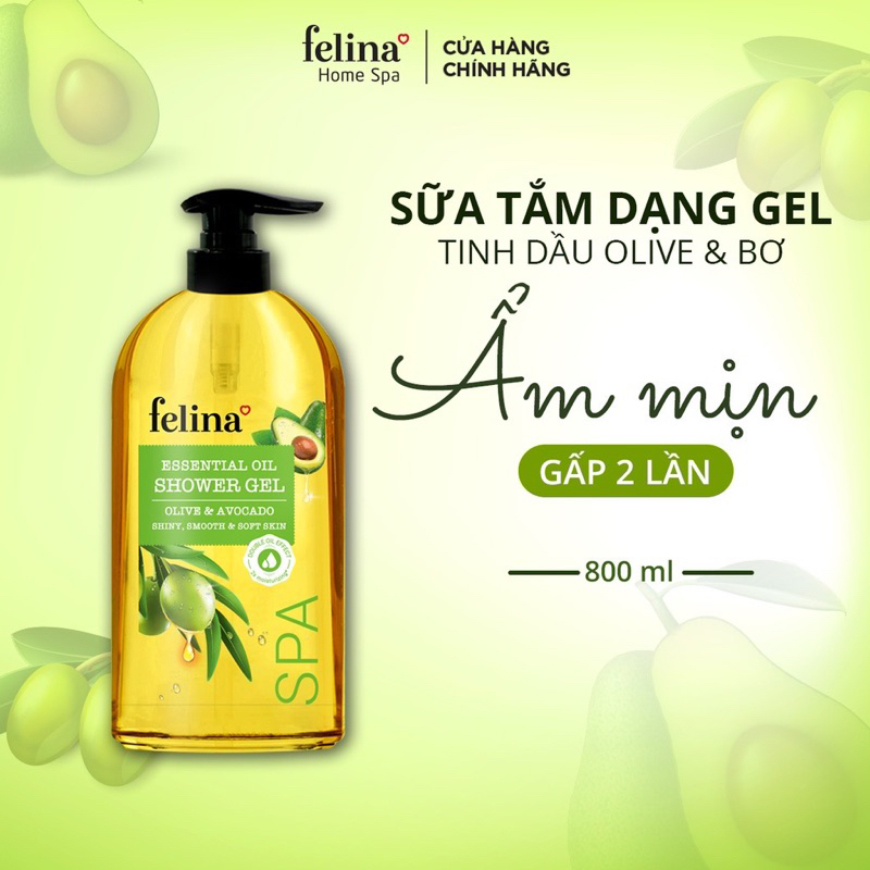 Sữa Tắm Tinh Dầu Felina Home Spa 800ml, tinh dầu Olive & Hạnh Nhân