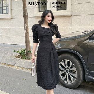 Đầm Dự Tiệc NHẬT VY Tay Lửng Cổ Kiểu Nhún Ngực Dáng Xoè Chất Xốp Thun Màu Nude Đen - D2441
