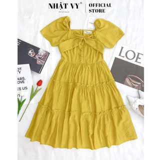 Đầm đi chơi Nhật Vy thắt nơ ngưc cổ vuông cúc bọc tay ngắn dáng xoè phối tầng chất lụa xước phù hợp công sở cafe - D2620