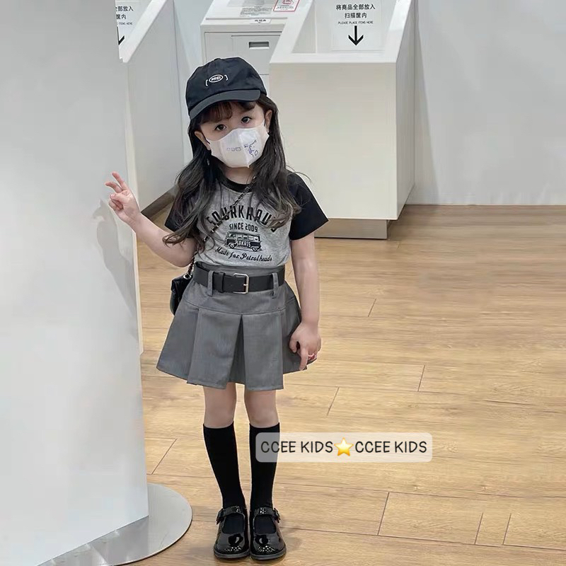 10-32kg (tặng kèm đai) set áo cotton mix chân váy xếp ly cho bé, set đồ đi học cho bé gái