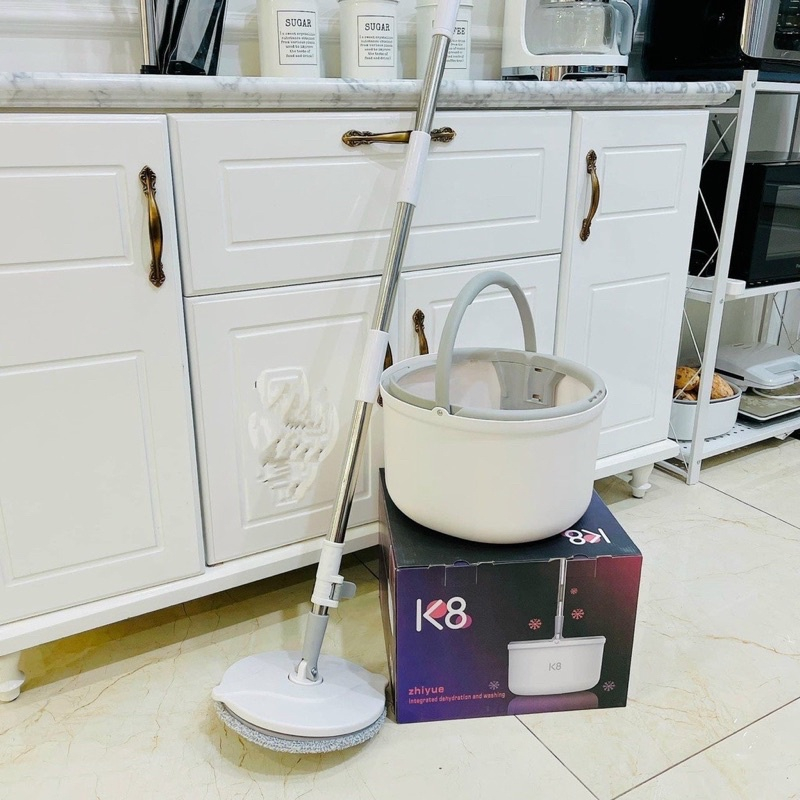 Bộ lau nhà thông minh tự vắt K8, Thùng vắt xoay tròn nhựa PP, Cán inox dài 134cm - Chổi Lau Nhà Hiện Đại - Cây Lau Nhà M