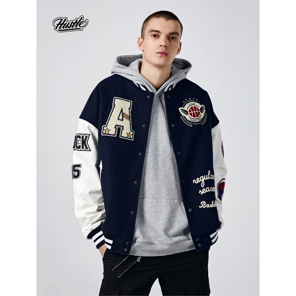 Áo khoác Bomber bóng chày nam nữ form rộng, chữ thêu bông cao cấp, Hustle Bomber Jacket Unisex Streetwear