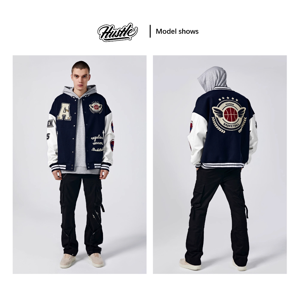Áo khoác Bomber bóng chày nam nữ form rộng, chữ thêu bông cao cấp, Hustle Bomber Jacket Unisex Streetwear