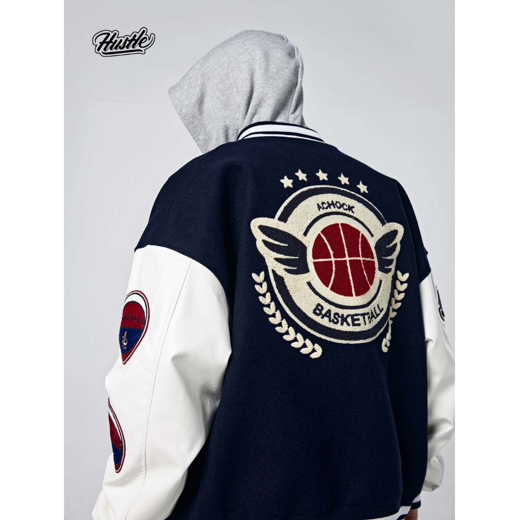 Áo khoác Bomber bóng chày nam nữ form rộng, chữ thêu bông cao cấp, Hustle Bomber Jacket Unisex Streetwear