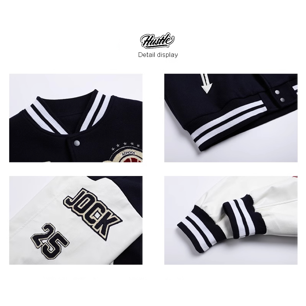 Áo khoác Bomber bóng chày nam nữ form rộng, chữ thêu bông cao cấp, Hustle Bomber Jacket Unisex Streetwear