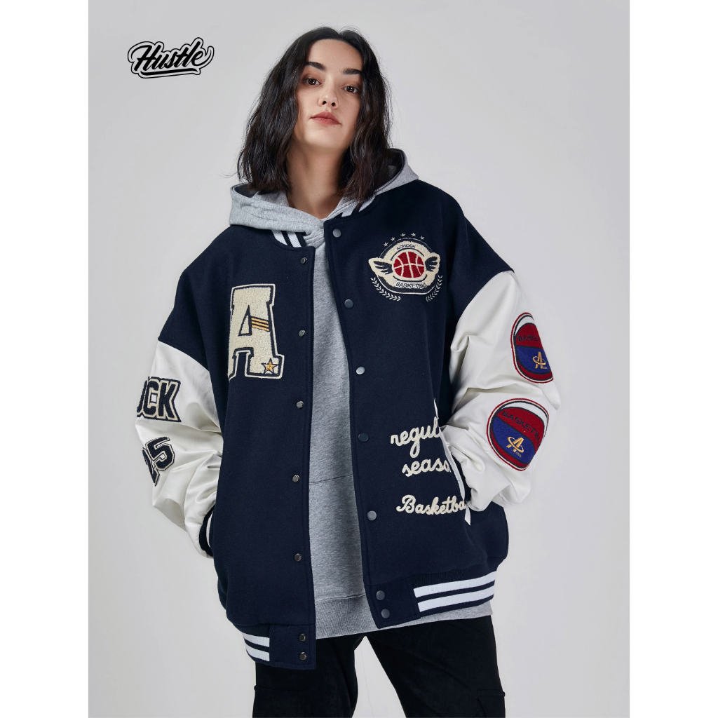 Áo khoác Bomber bóng chày nam nữ form rộng, chữ thêu bông cao cấp, Hustle Bomber Jacket Unisex Streetwear