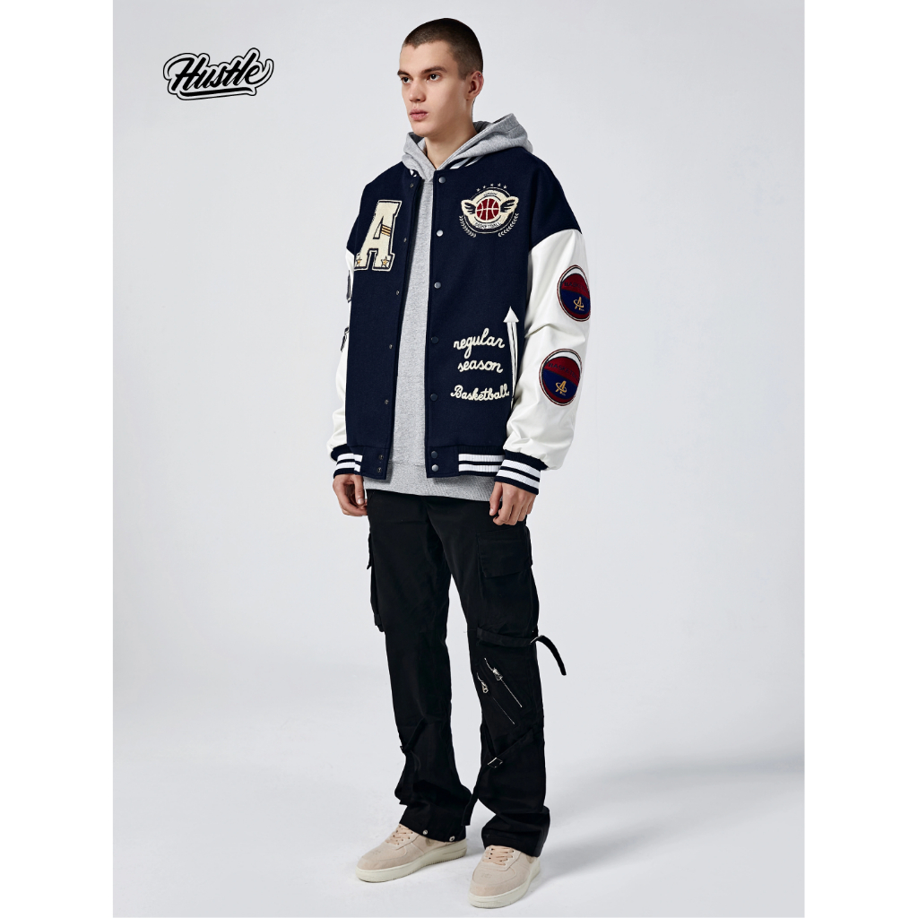 Áo khoác Bomber bóng chày nam nữ form rộng, chữ thêu bông cao cấp, Hustle Bomber Jacket Unisex Streetwear
