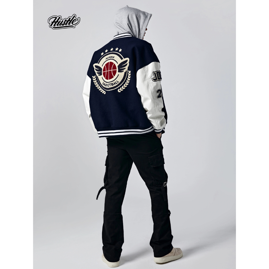Áo khoác Bomber bóng chày nam nữ form rộng, chữ thêu bông cao cấp, Hustle Bomber Jacket Unisex Streetwear
