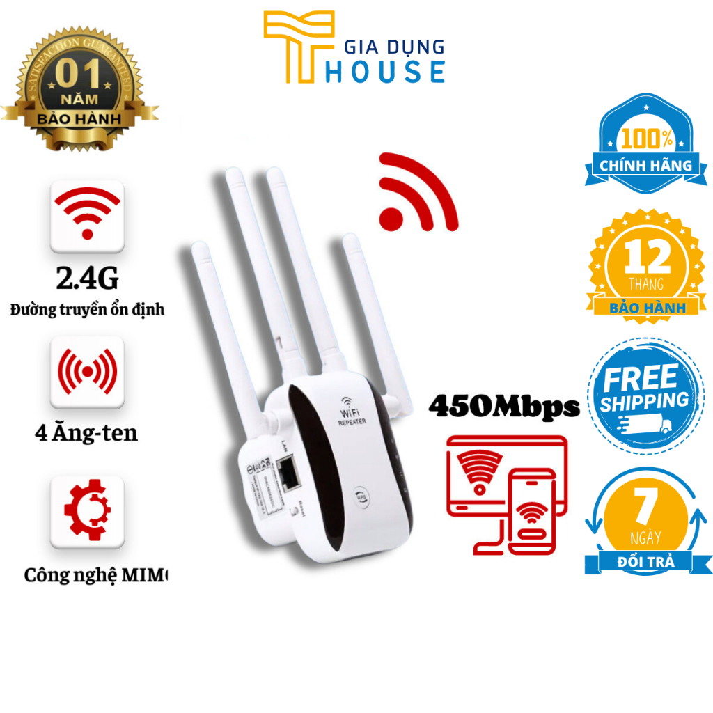 Bộ kích Wifi 4 râu, 2.4G bộ tăng cường tín hiệu wifi 450Mbps, bộ mở rộng không dây xuyên tường khoảng 50m, Bảo hành 12TH