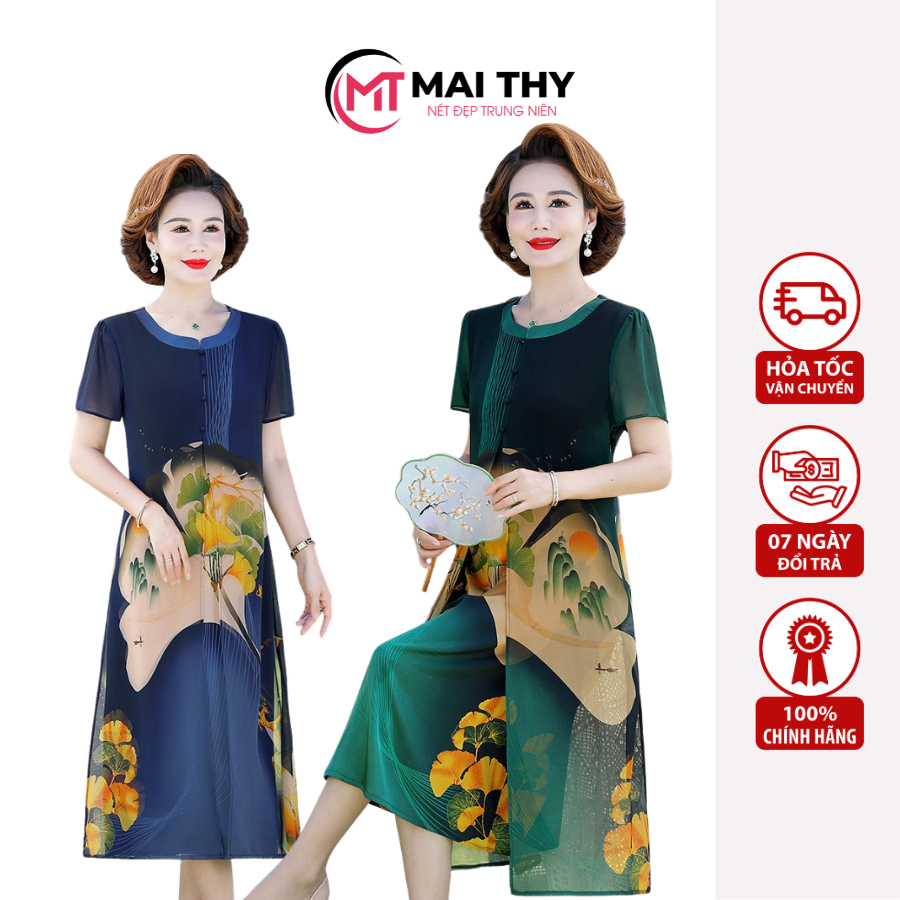 Váy Trung Niên MAI THY D800, Mẫu Đầm Đi Tiệc Cho Mẹ Trung Niên Bigsize In 3D Sang Trọng | Thời Trang Trung Niên Nữ U50