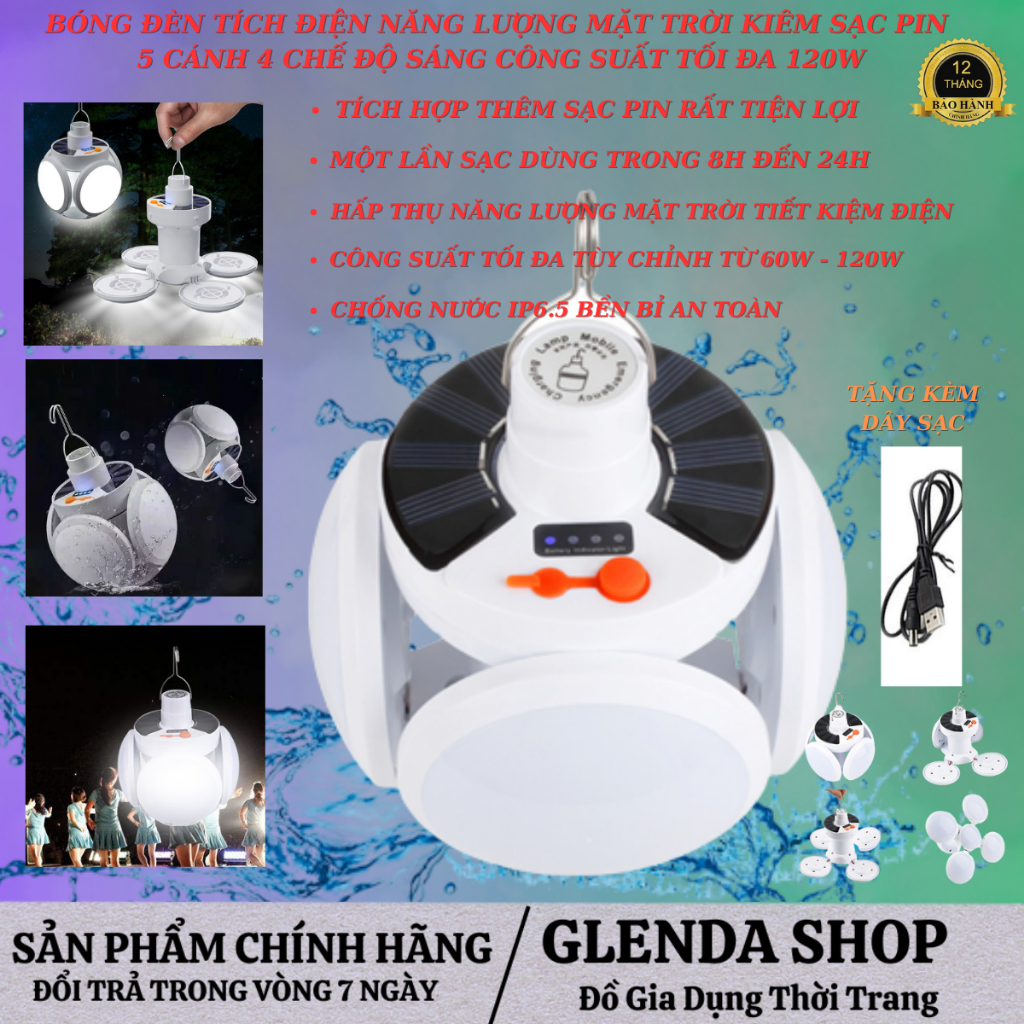 Bóng Đèn Tích Điện Năng Lượng Mặt Trời, Đèn Led 5 Cánh 120W Siêu Sáng, Sạc Pin, Chống Nước, An Toàn, Tiện Lợi