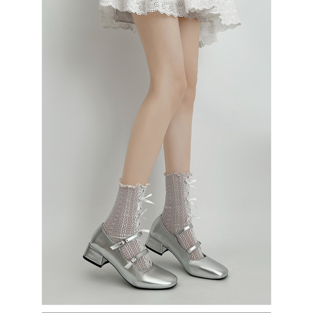 Miệng nông kiểu Pháp màu bạc với váy dày giày đơn mùa hè 2023 nữ đầu vuông mới đa năng Mary Jane giày da nhỏ