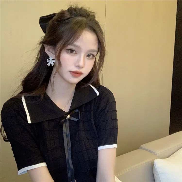 Áo Croptop Nữ, Áo Len Mongtoghi Cổ Nơ Hàng QC Siêu Xinh