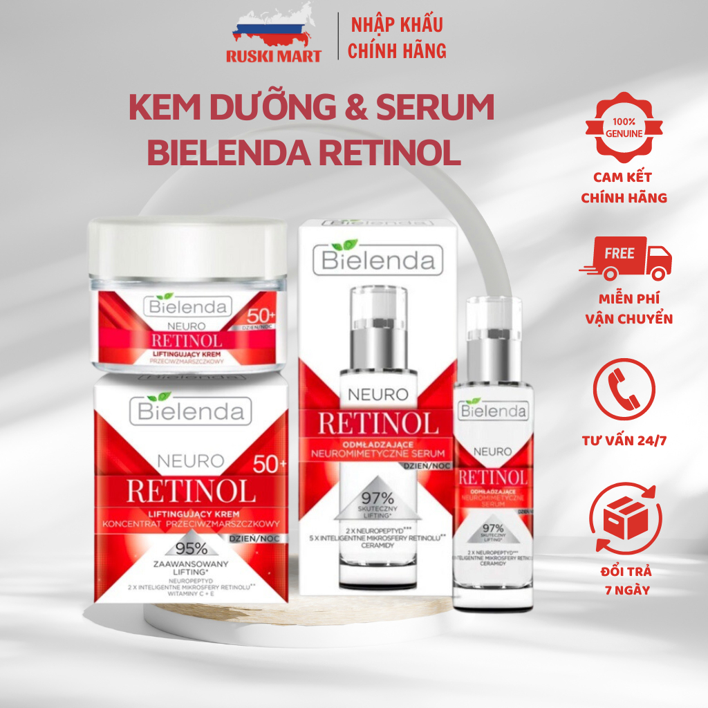 Serum &amp; Kem Dưỡng Retinol Bielenda Neuro của Nga giúp dưỡng ẩm, chống lão hóa, trẻ hóa và tái tạo da - Ruski Mart