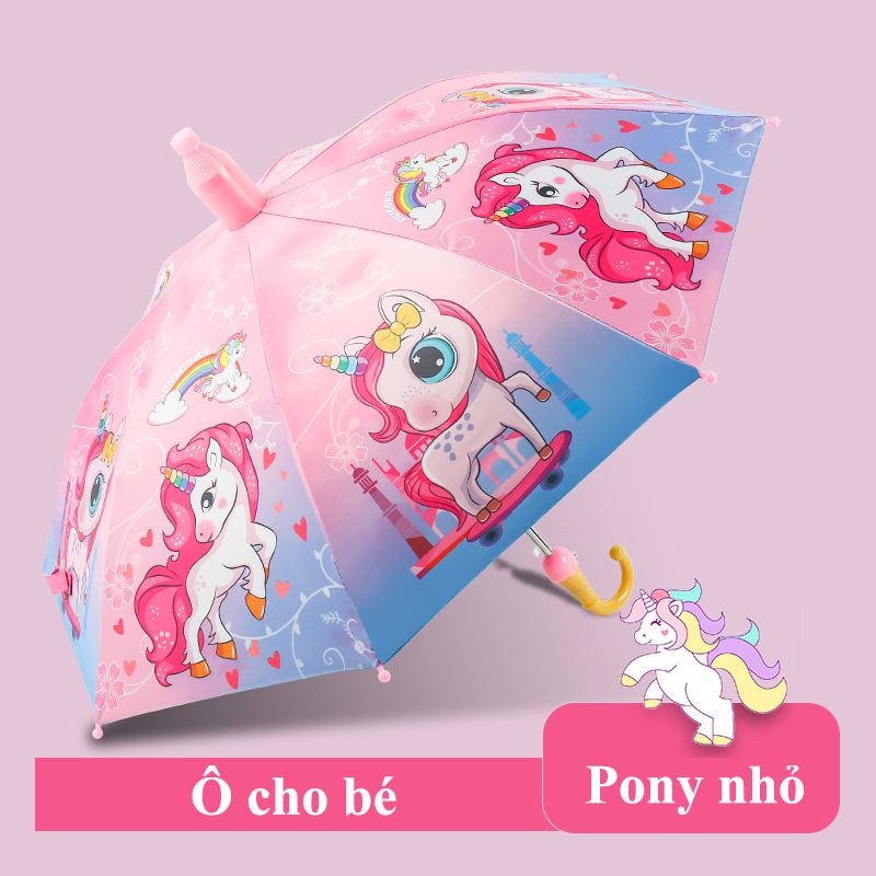 Ô Dù Đi Nắng Che Mưa Pony, Unicorn Màu Hồng Cho Bé Gái Tặng Kèm Còi - Ô Dù Trẻ Em Cao Cấp Cán Dài