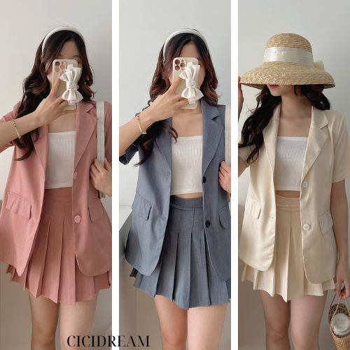 Set Áo Blazer dài nút dọc + Chân Váy Tennis Xếp Ly Hàn Quốc