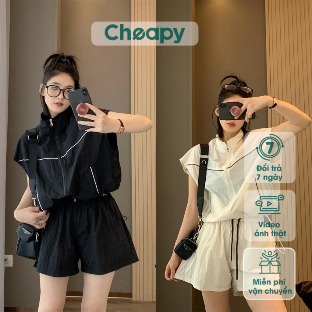 Set áo khoác ba lỗ kèm quần short viền kẻ đen be Cheapy áo gió 1 lớp tay hến mix sooc siêu xinh C1910