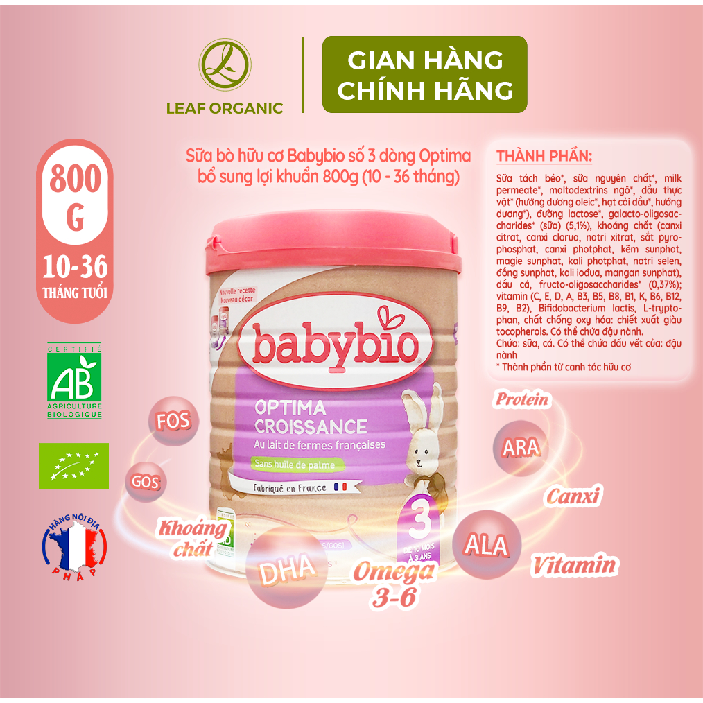 Sữa bò hữu cơ tăng trưởng Babybio số 3 dòng Optima bổ sung lợi khuẩn 800g