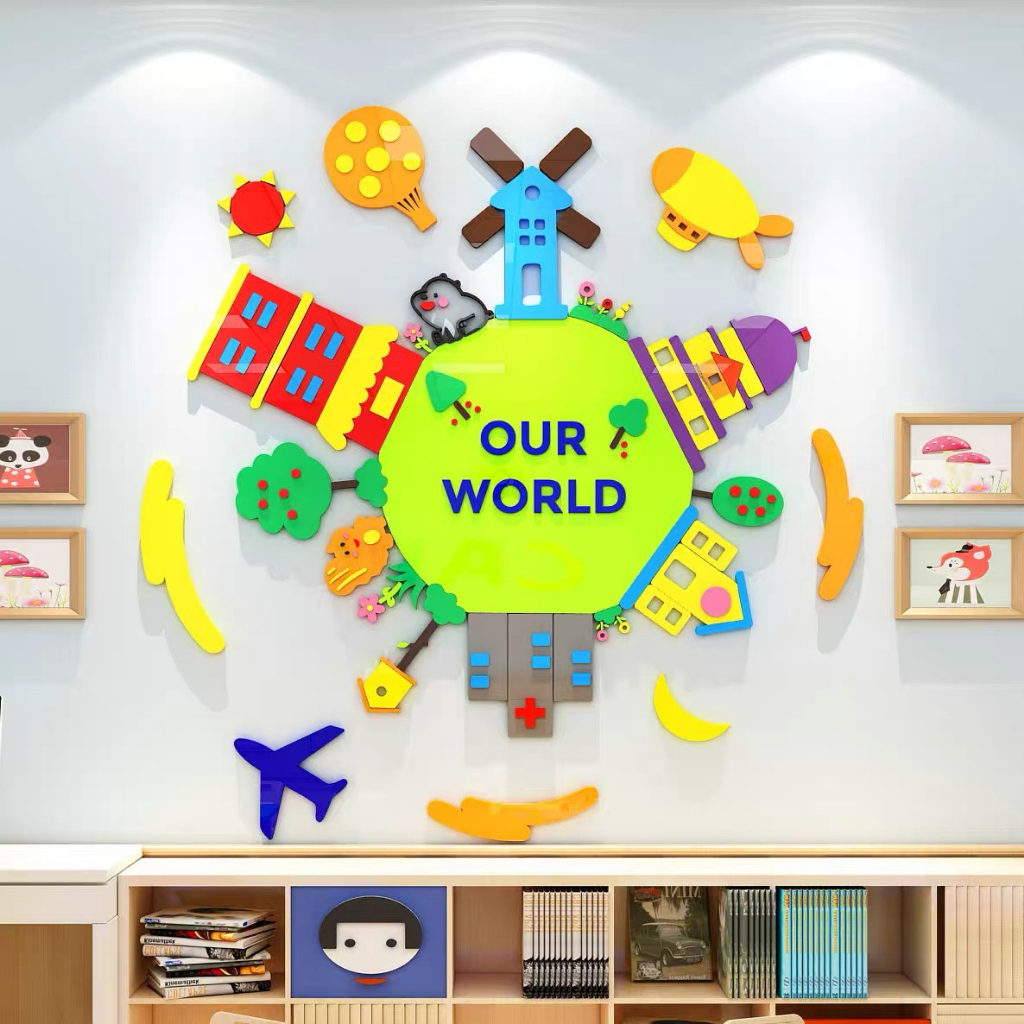 Tranh dán tường mica 3d kity trà sữa, trang trí mầm non, trang trí khu vui chơi trẻ em