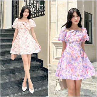 Váy đầm nữ đầm dáng xòe họa tiết hoa cổ kiểu tay phồng sang chảnh