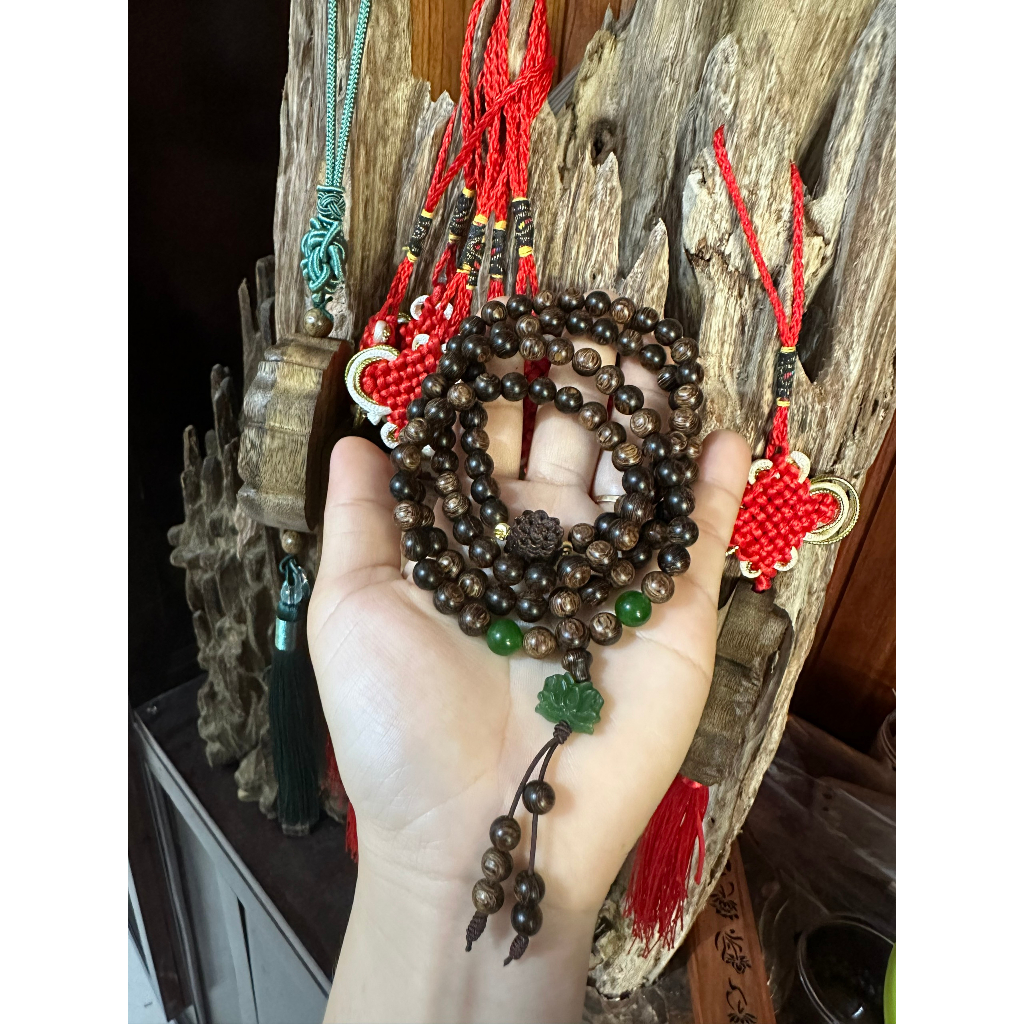 Vòng Đeo Trầm Hương 108 Hạt Mix Charm Hoa Sen Đá - Trầm Hương tốc vườn VTTH72