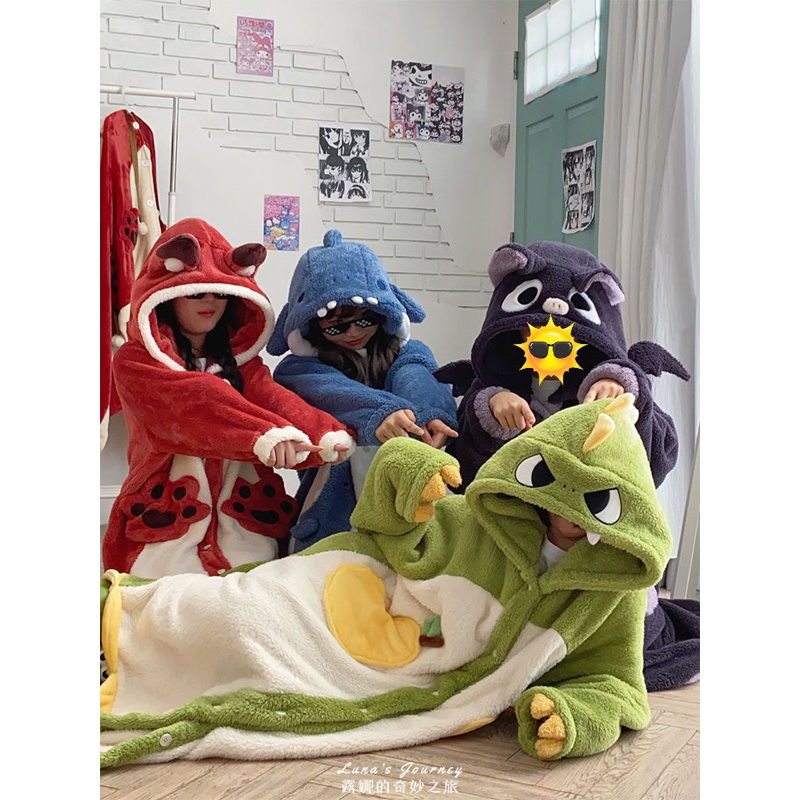 Bộ ngủ lông hình khủng long xanh đáng yêu ấm áp