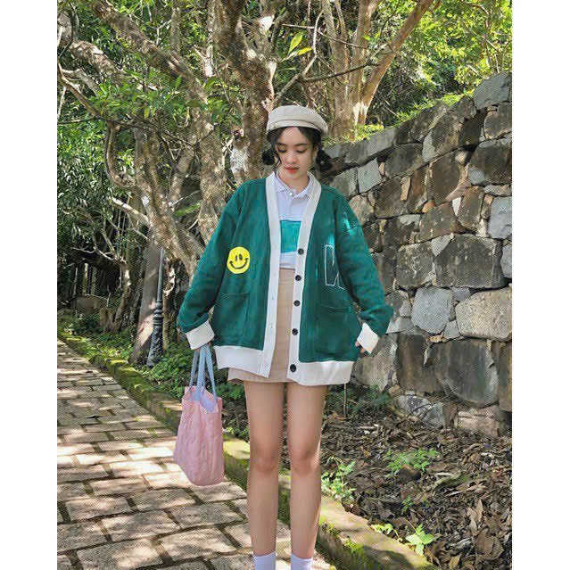 Áo Khoác Cardigan Mặt Cười W Xanh Be Form Rộng nam nữ