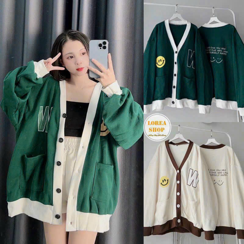 Áo Khoác Cardigan Mặt Cười W Xanh Be Form Rộng nam nữ